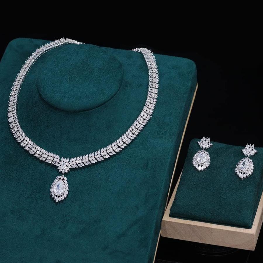 【並行輸入品】Jorsnovs CZ Teardrop Silver Necklace Earrings for Bride Jewelry Set_7