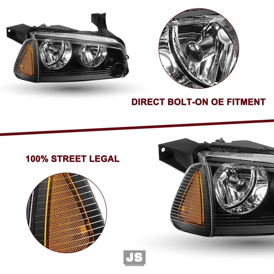 【並行輸入品】JSBOYAT ヘッドライトアセンブリ 4個 06-10 Dodge Charger ブラックヘッドランプ アンバーコーナーシグナルライの画像