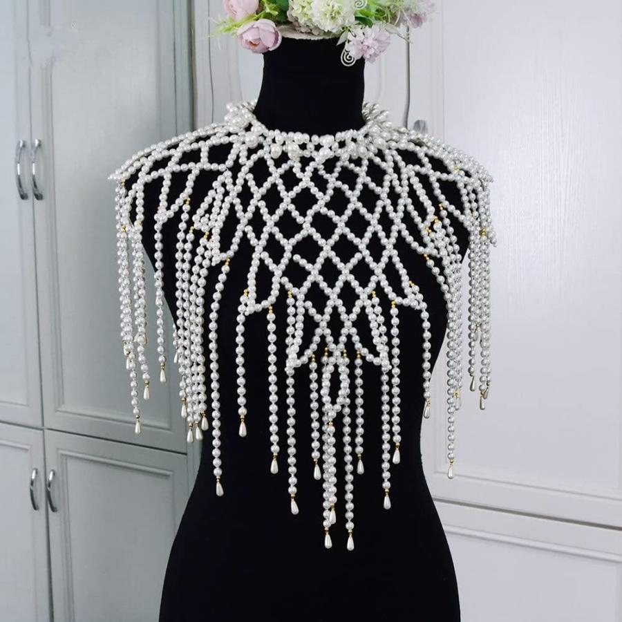 【並行輸入品】TKFDC Tassel Pearl Shoulder Chain Handmade Beaded Dress Accessoriesの画像