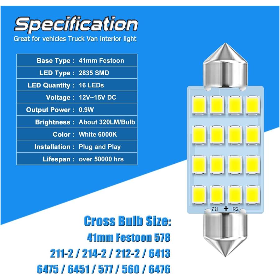 【並行輸入品】EBAIFUN 12V 578 6411 LED Bulb 41mm 42mm 1.61 inch Festoon 212-2 211-