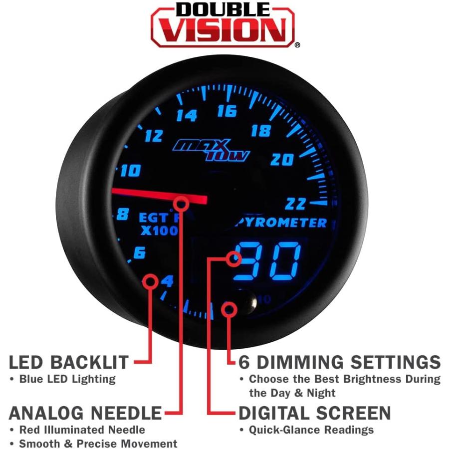 MaxTow　ダブルビジョン　2200　パイロメーター　ブルーLEDダイヤル　F　タイプKプローブ　ブラックゲージフェイス　アナログ　排気ガス温度EGTゲージキット