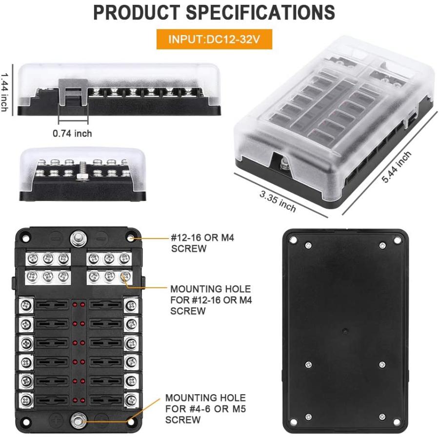 Electop　12-Way　Blade　Protection　Bus　with　12　Fuse　Negative　with　Box　for　Fuse　Automotiv　Block　Circuits　Sticker　Damp-Proof　LED　Holder　Indicator　Cover