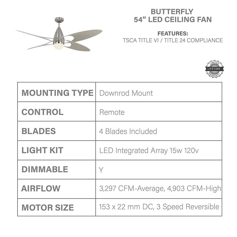 【在庫限りの大特価】 Monte Carlo 4BFR54BSD-V1 Butterfly Modern Damp Locations Outdoor/Indoor 54inch Ceiling Fan with LED