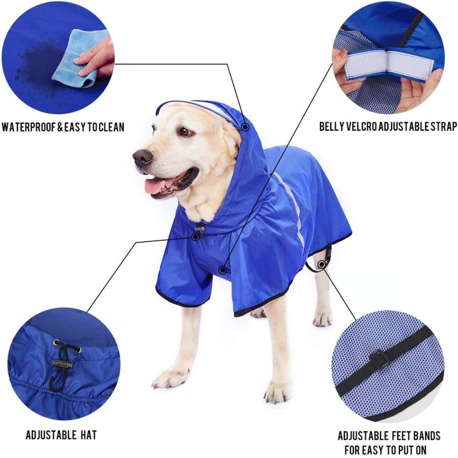 通販情報 Dog Raincoat with Adjustable Belly Strap and Leash Hole - Hoodie with Reflective Strip - Waterproof Slicker Lightweight Breathable Rain Poncho Jacket