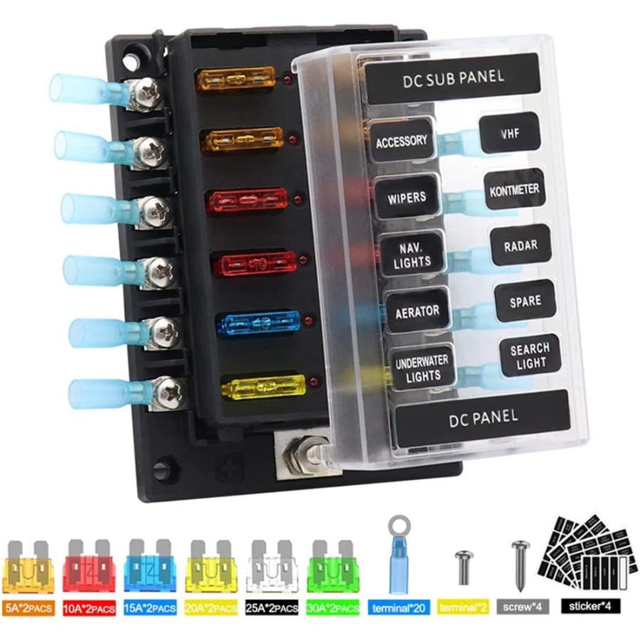 12　Circuit　fuse　block　Automotive　Connector　Car　Box　Terminals　RV　Truck　Camper　Marine　Boat　LED　Fuses　Indicator　Ring　with　Red　Shrink　Heat　Trailer
