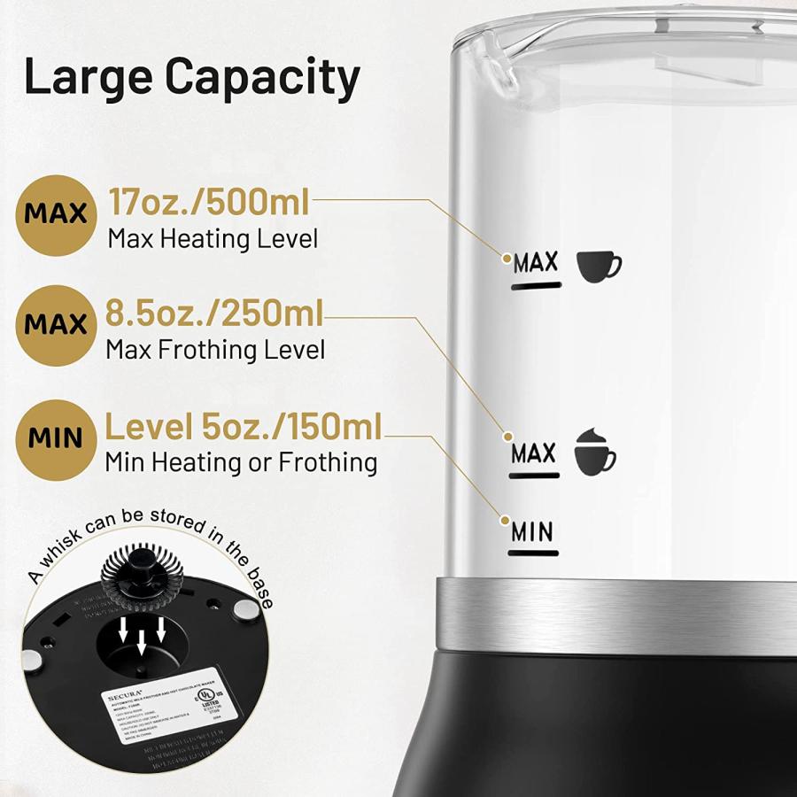 Secura Automatic Milk Frother, 4-in-1 Electric Milk Steamer, 17oz  Detachable Hot/Cold Foam Maker, Milk Warmer for Latte, Cappuccinos,  Macchiato, Hot