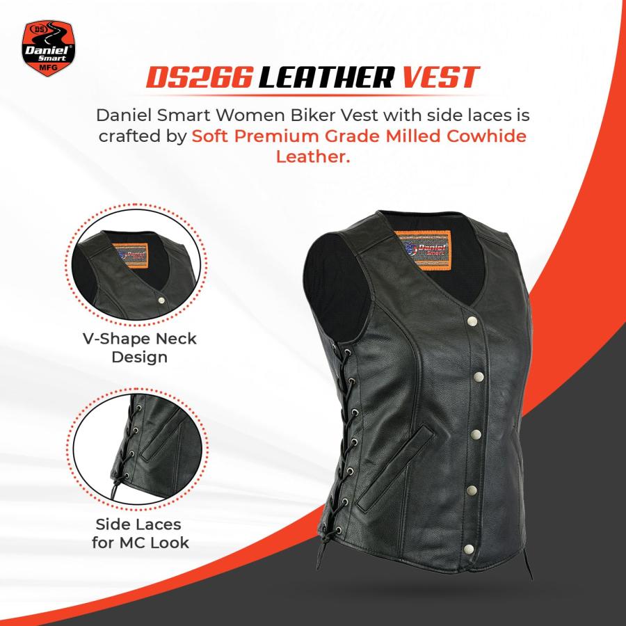 【並行輸入品】 Daniel Smart Biker Vest for Women Genuine Cowhide Open Neck Blacの画像