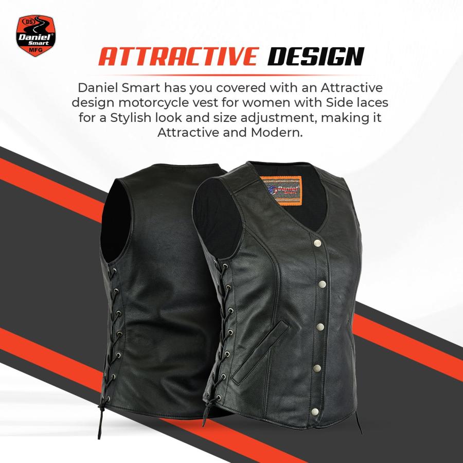 【並行輸入品】 Daniel Smart Biker Vest for Women Genuine Cowhide Open Neck Blacの画像