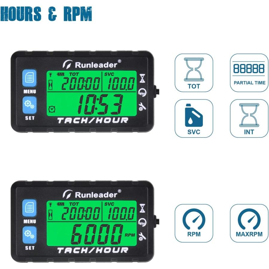 Runleader　Hour　Meter　Tachometer　RPM　Maintenance　Alert　Reminder　Use　Battery　Lawn　Replaceable　Mower　Initial　Hours　for　Settable　Reminder　Generato
