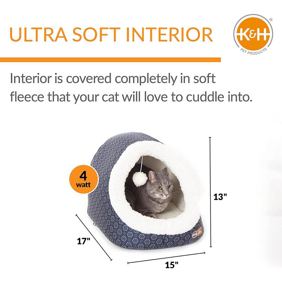 限定入荷 K&H PET PRODUCTS Thermo-Pet Cave Heated Cat Bed - Navy/Geo Flower 17 X 15 X 13 Inches　並行輸入品