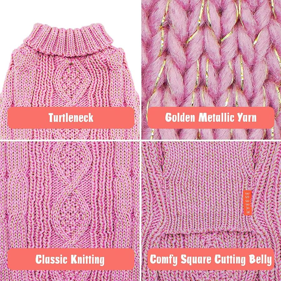 純正特注品 KYEESE Dog Sweaters with Golden Thread Turtleneck Dog Cable Knit Pullover Pink Pet Sweater for Cold