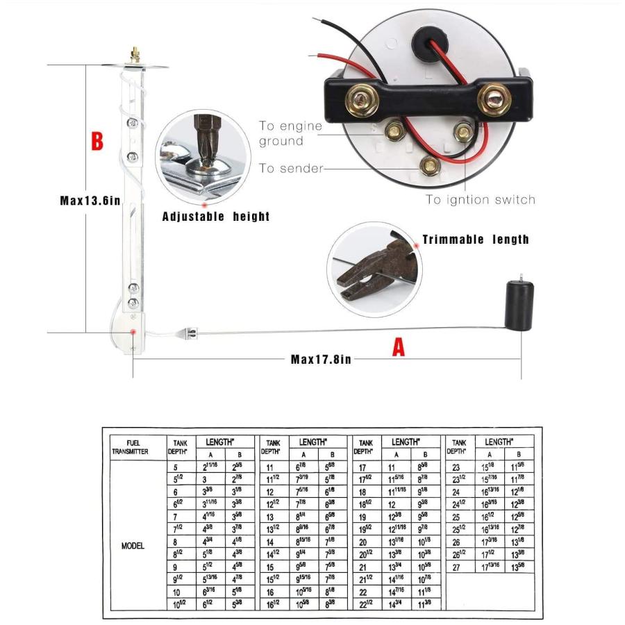 Fuel　Level　Gauge　Meter　Fuel　Tank　(52mm)　Display　2-F　Fuel　Replacement　Fuel　2inch　E-1　Sensor　Y　DC　12V　Pointer　LED　for　RV　Gauge　Universal　Car　Kit　with