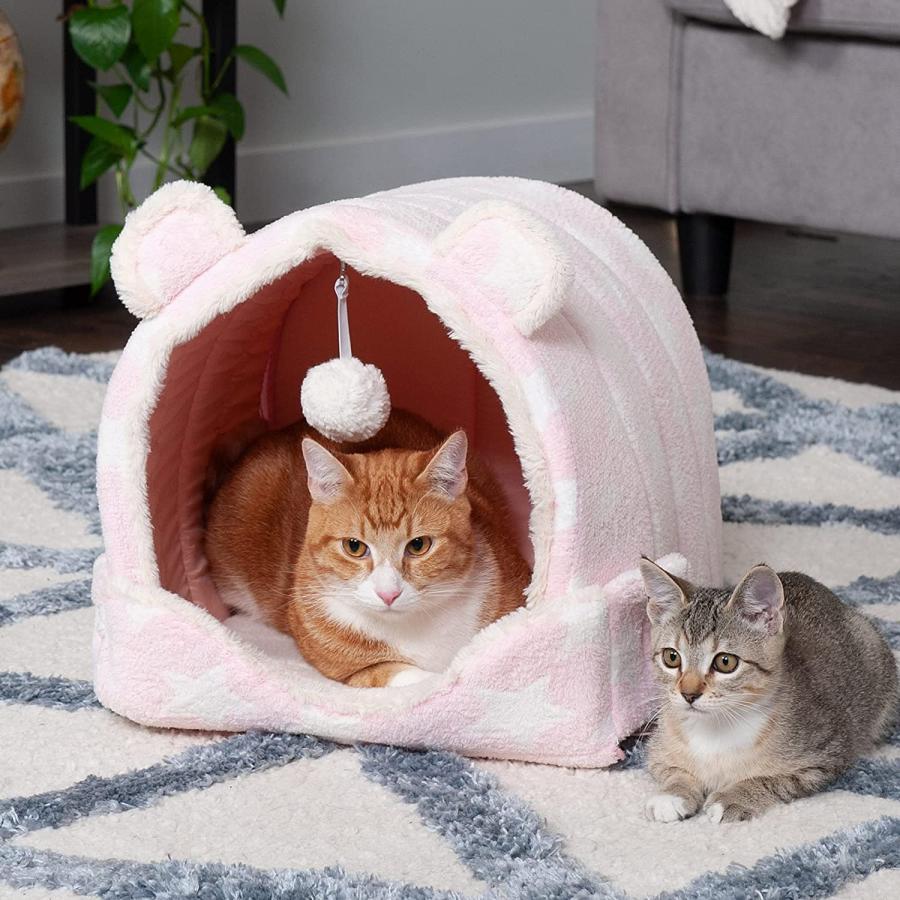 日本格安 Furhaven Small Cat Bed Cozy Cave-Bear Fleece & Faux Fur Foldable Pet Tent