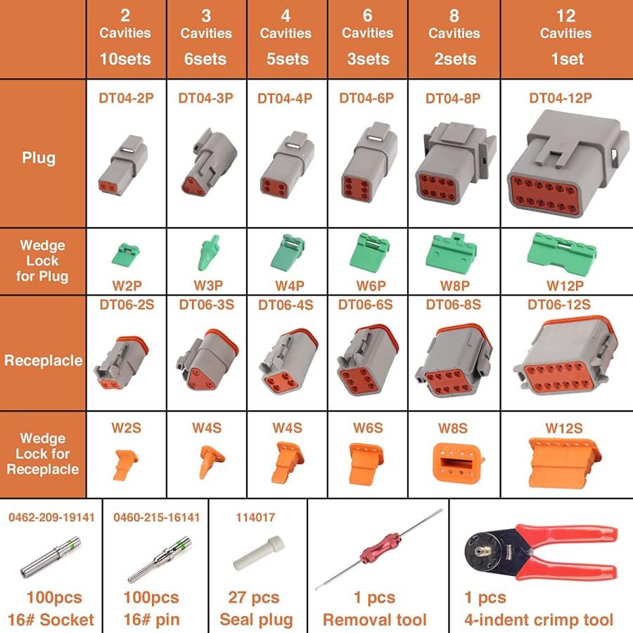 338　pcs　DT　Connector　Solid　Connector　Terminal　Contacts(　Removal　Tool　16　Kit　Deustch　Size　DT　Pin　Crimping　12　Tool(12-20AWG)　Connectors