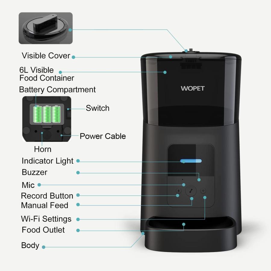 並行輸入品】 WOPET 6L Automatic Cat Feeder Wi-Fi Enabled Smart Pet 