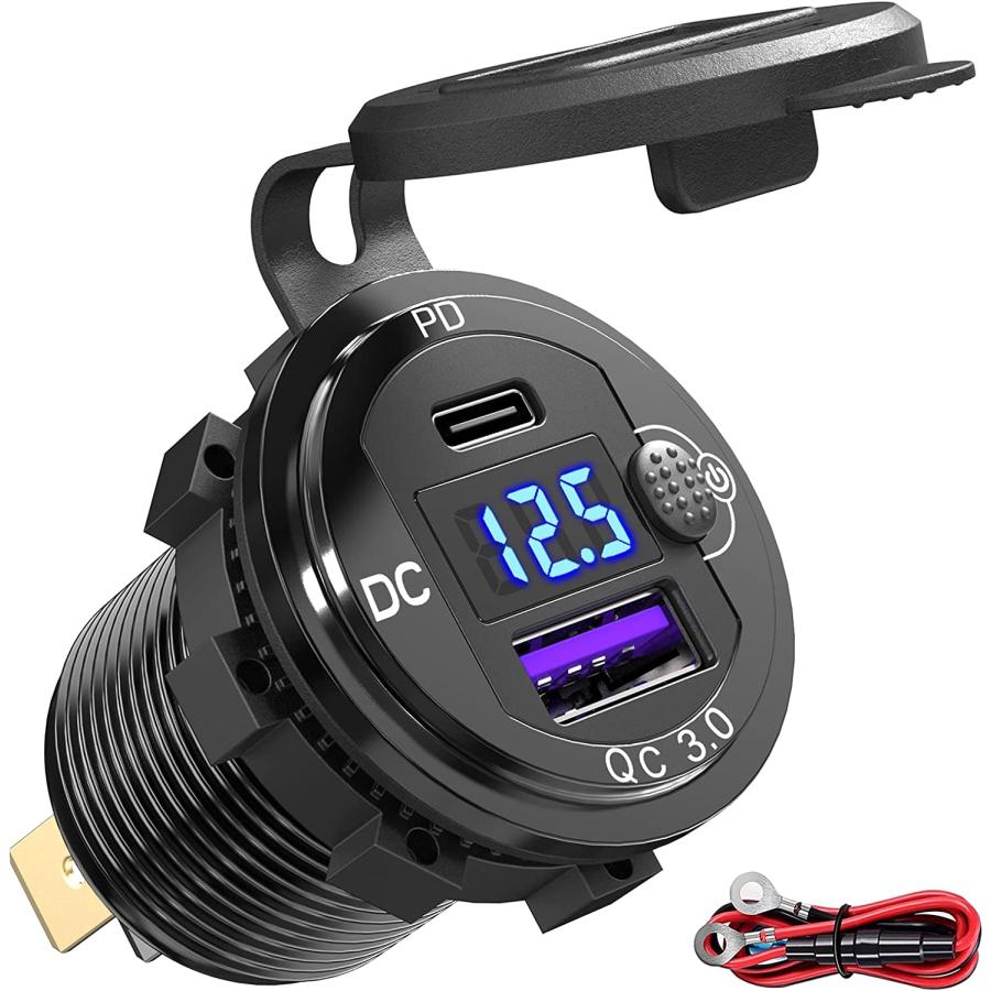 Qidoe 12V USB Outlet Aluminum USB C Car Charger Socket PD 20W and QC3.0 18W Dual USB Port with