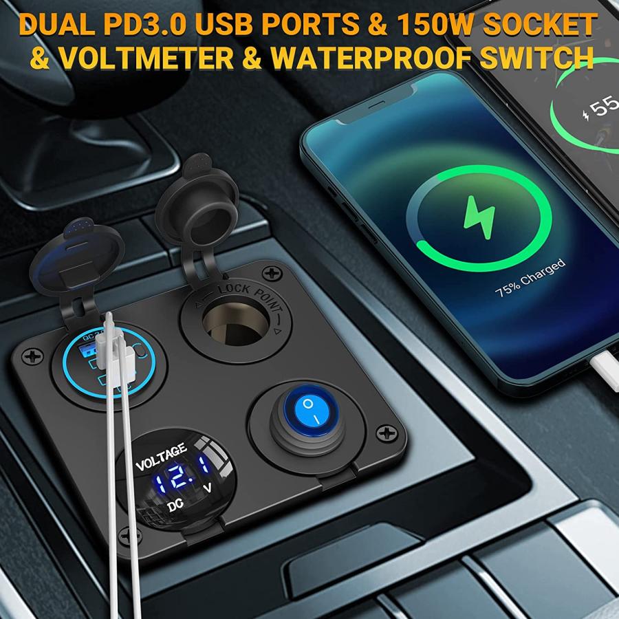 12V　USB　Outlet　12v　Dual　with　58W　C　in　Socket　Panel:　Voltmeter　(4　PD3.0　Cigarette　Lighter　Socket　Marine　Digital　USB　1)　12V　150W　Splitter　USB　Charger