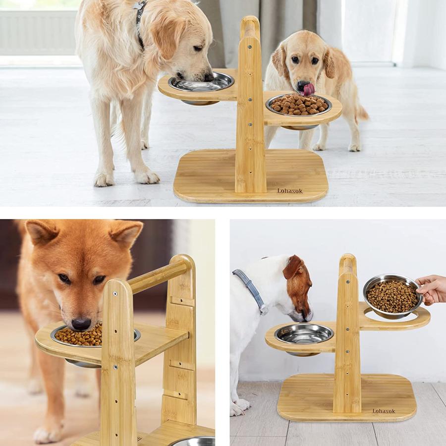 【並行輸入品】 Adjustable Raised Dog Bowls with Non-Skid Feet  Bamboo Elevated Feeの画像