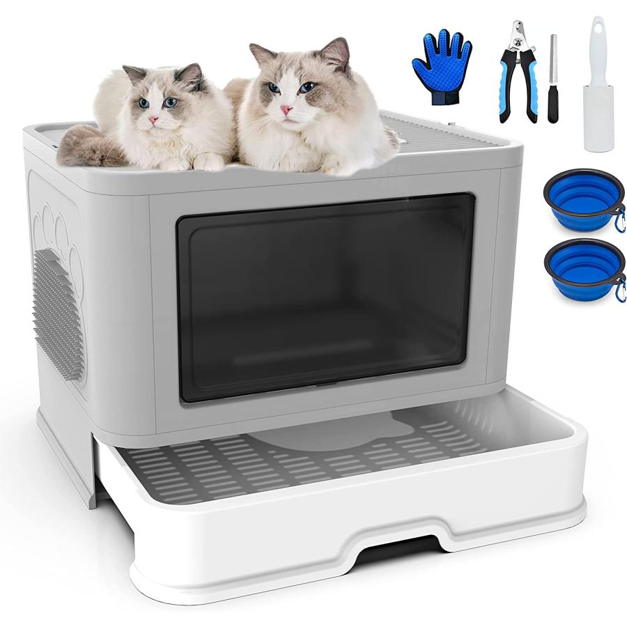 PandaFairy Foldable Cat Litter Box Extra Large top Entry with lids Easy