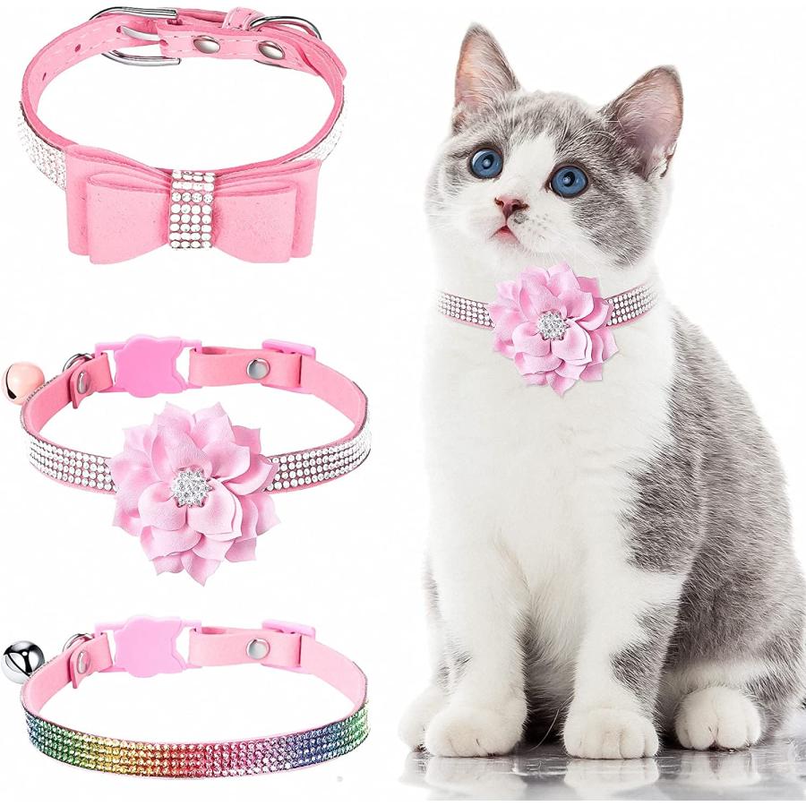 3 Pcs Rhinestone Cat Collars for Girl Cats Bling Kitten and Flower