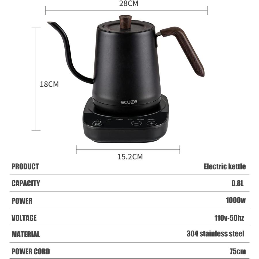 ECUZE Gooseneck Electric Kettle Temperature Control 0.8L, 4 Modes Pour Over  Coffee and Tea Kettle Wood Handle, 100% Stainless Steel Inner with Leak