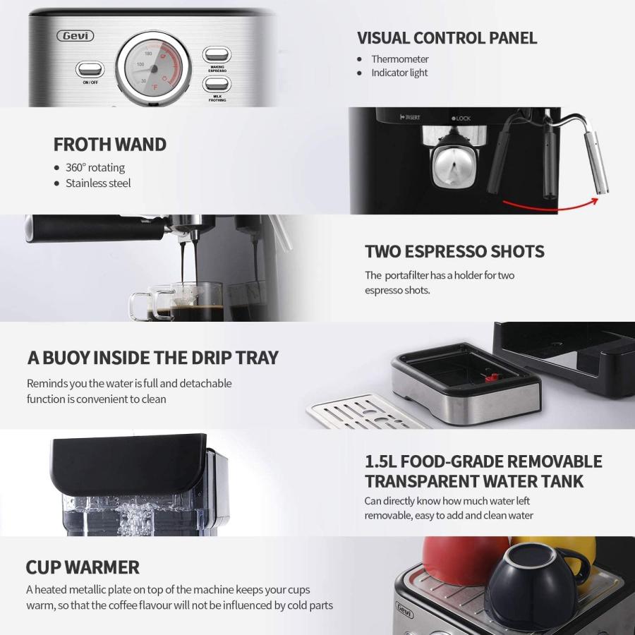 Gevi Espresso Machine 15 Bar with Milk Frother Cappuccino Coffee Maker