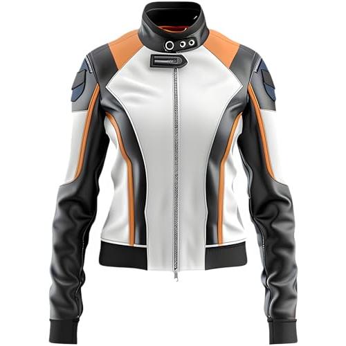 並行輸入品】 Motorcycle Jacket, Black/White/Orange, Zip Front, 3