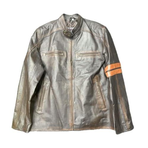 【並行輸入品】 Men's Genuine Leather Motorcycle Jacket, Brown with Orange Stripの画像