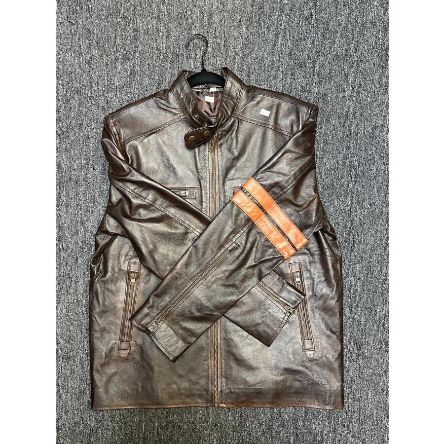 【並行輸入品】 Men's Genuine Leather Motorcycle Jacket, Brown with Orange Stripの画像