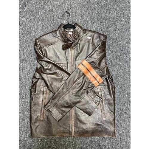 【並行輸入品】 Men's Genuine Leather Motorcycle Jacket, Brown with Orange Stripの画像