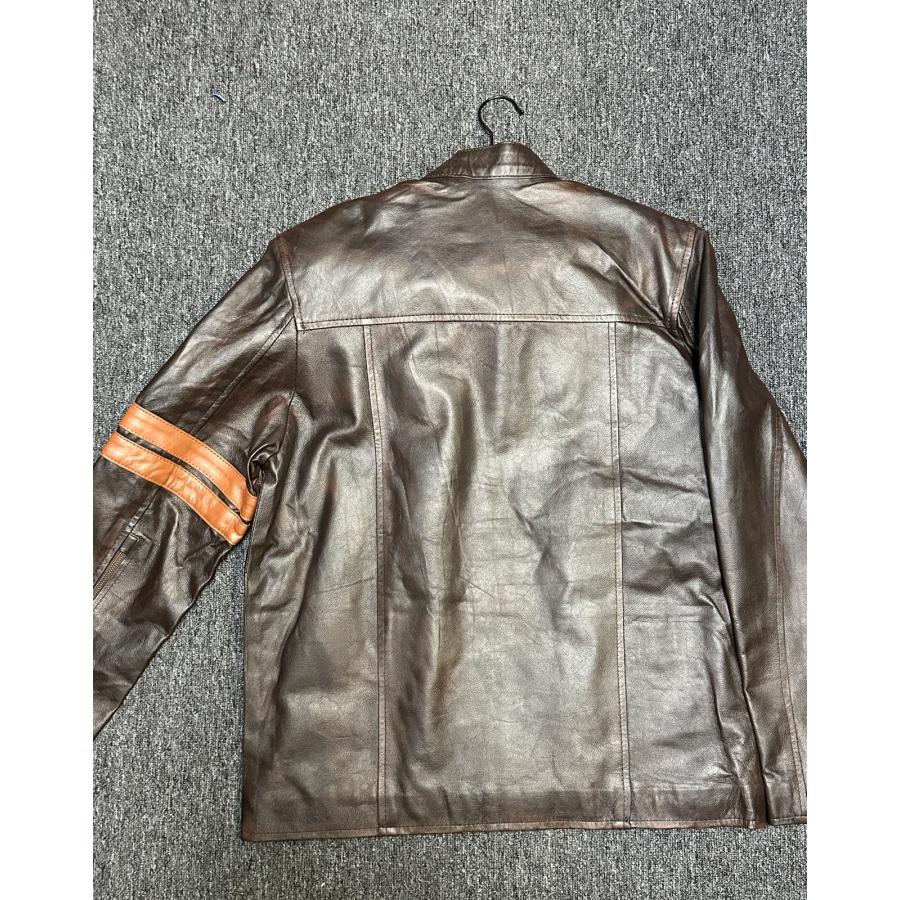 【並行輸入品】 Men's Genuine Leather Motorcycle Jacket, Brown with Orange Stripの画像