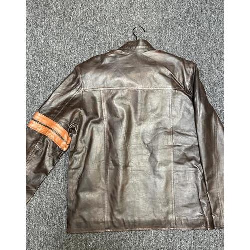 【並行輸入品】 Men's Genuine Leather Motorcycle Jacket, Brown with Orange Stripの画像