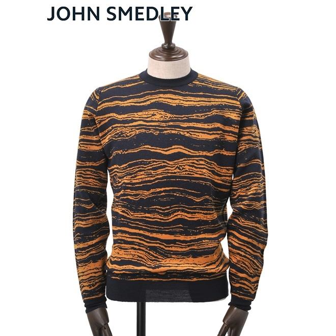 ジョンスメドレー John Smedley メンズ セーター メリノウール クルーネック ジャガードニット Bedrock ベッドロック ミッドナイト ブルーオレンジ模様 ブランド Bedrock Midnigt メンズブランドでらでら公式shop 通販 Yahoo ショッピング