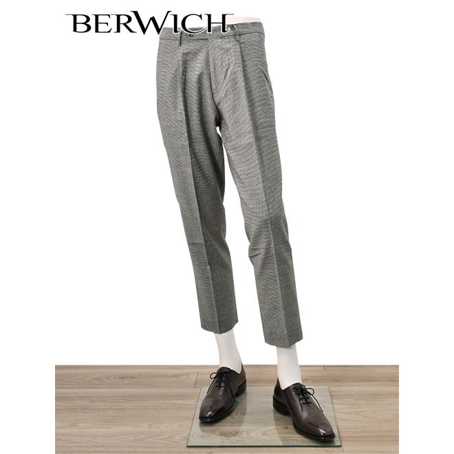 上品 ベルウィッチ Berwich メンズ スラックス ウールサキソニー 1プリーツ Sake 1p サケ 千鳥格子柄 クロップドパンツ ホワイト ストレッチウール 国内正規品 でらでら 公式ブランド ズボン パンツ