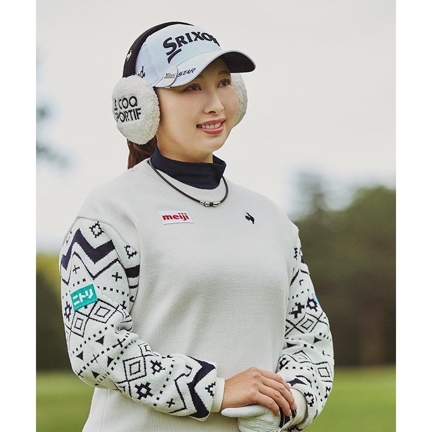 【美品】デサントゴルフ ウィンドペン柄 クルーネックセーター レディースM❤︎ le coq sportif GOLF（ルコックスポルティフ ゴルフ） 防風セーター