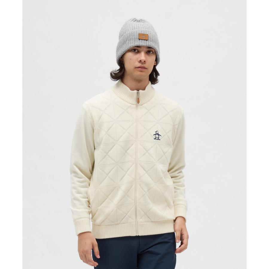 V12+マンシングウェア　セーター 黒×白 斜めロゴ総柄 防風裏地付 M寸 Munsingwear（マンシングウェア） 公式 防風裏地付きフルジップ地柄