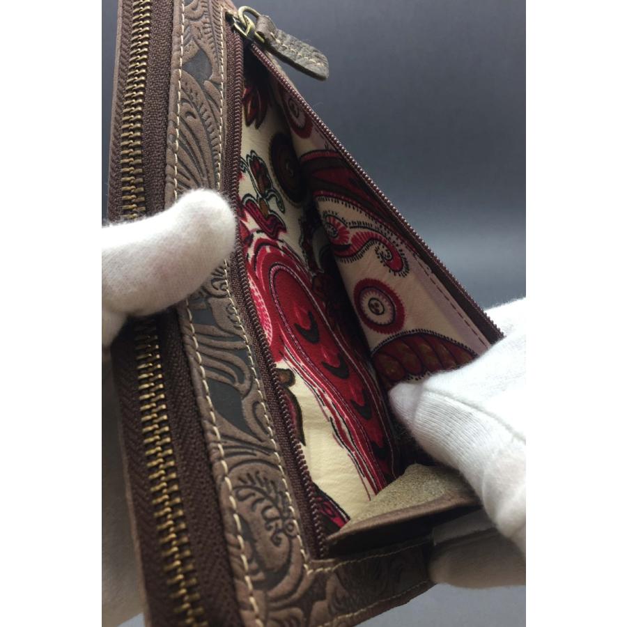 ダークブラウン レザー 長財布 花デザイン 本革 長財布 サドルレザー 花柄 フラワーカービングレザーウォレット