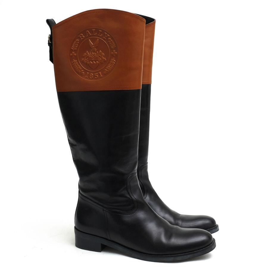 ○バリー BALLY 牛革 カーフ ロングブーツ SAMIR  ロゴ刻印 乗馬ブーツ ジョッキーブーツ サイドジップ レザーソール レディース   中古 Bally（バリー） ロングブーツ SAMIR 牛革 カーフ ロゴ刻印 乗馬ブーツ