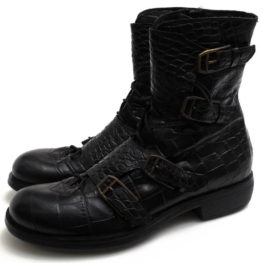 ○ポールメイ Paul May 牛革 エンジニアブーツ レースアップブーツ バイカーブーツ クロコ型押し サイドジップ メンズ 【中古】 中古 Paul May ポールメイ レースアップブーツ 牛革 エンジニアブーツ