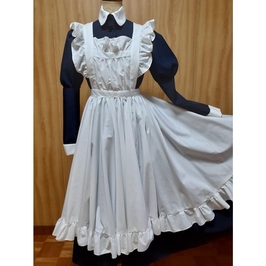 メイド服 丸衿 クラシカル黒ロングワンピース 白ロングフリル メイド服 丸衿 クラシカル黒ロングワンピース 白ロングフリル