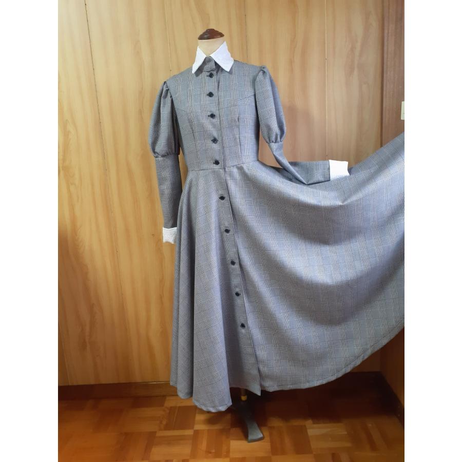 メイド服　角襟グレンチェッククラシカル　ロングワンピース　サイズは S　 M 　 L_1