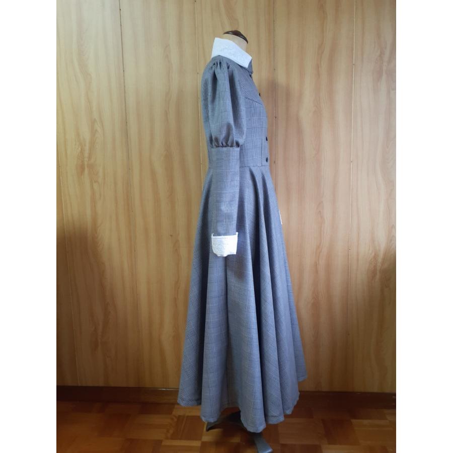 メイド服　角襟グレンチェッククラシカル　ロングワンピース　サイズは S　 M 　 L_2