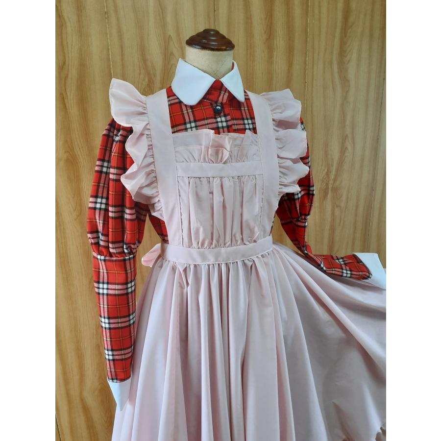 メイド服 丸襟 赤タータンチェック クラシカルロングワンピース＋