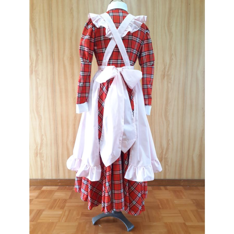 メイド服 丸襟 赤タータンチェック クラシカルロングワンピース＋