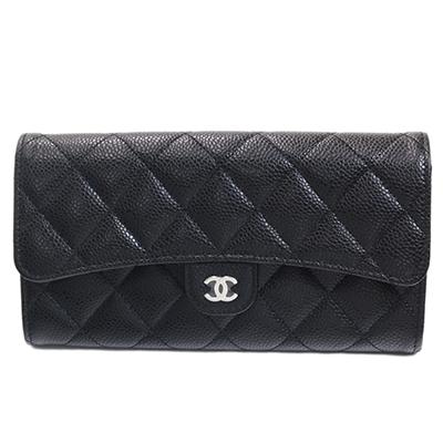 CHANEL シャネル クラシック ロング フラップ ウォレット AP0241 キャビアスキン ブラック マトラッセ 長財布 シルバー色金具｜deva-online｜02