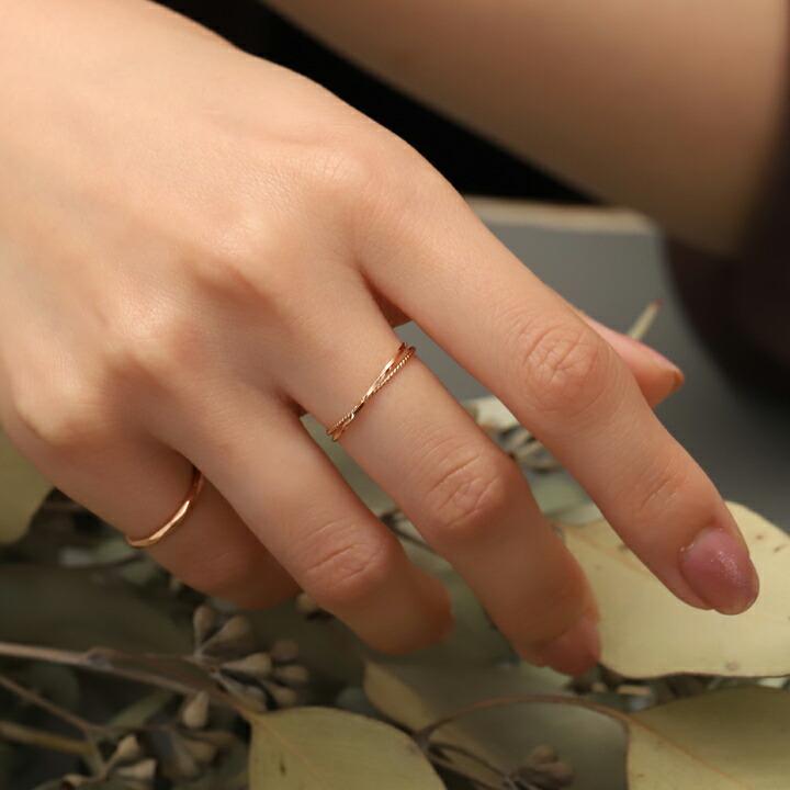 18金 ピンクゴールド ピンキーリング 2連 リング 指輪 スパイラル