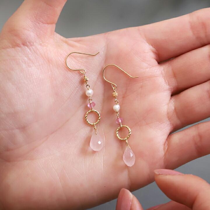 DEVAS 18金 ピアス k18 18金ピアス 18k 天然石 ピンクトパーズ ローズ 