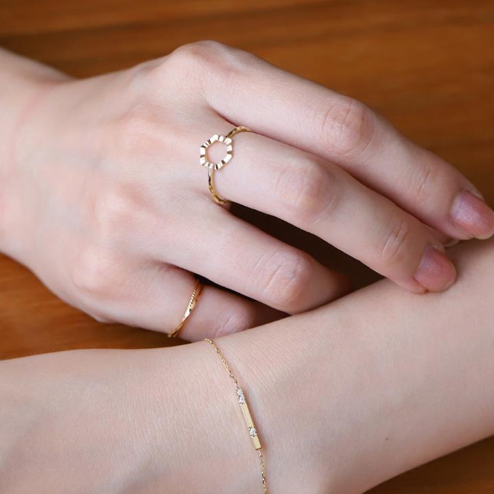 美品フリーサイズK18ゴールドビーズとパールの2連リング K10ピンクゴールド淡水パールリング（8.5mm）(RFR526-002