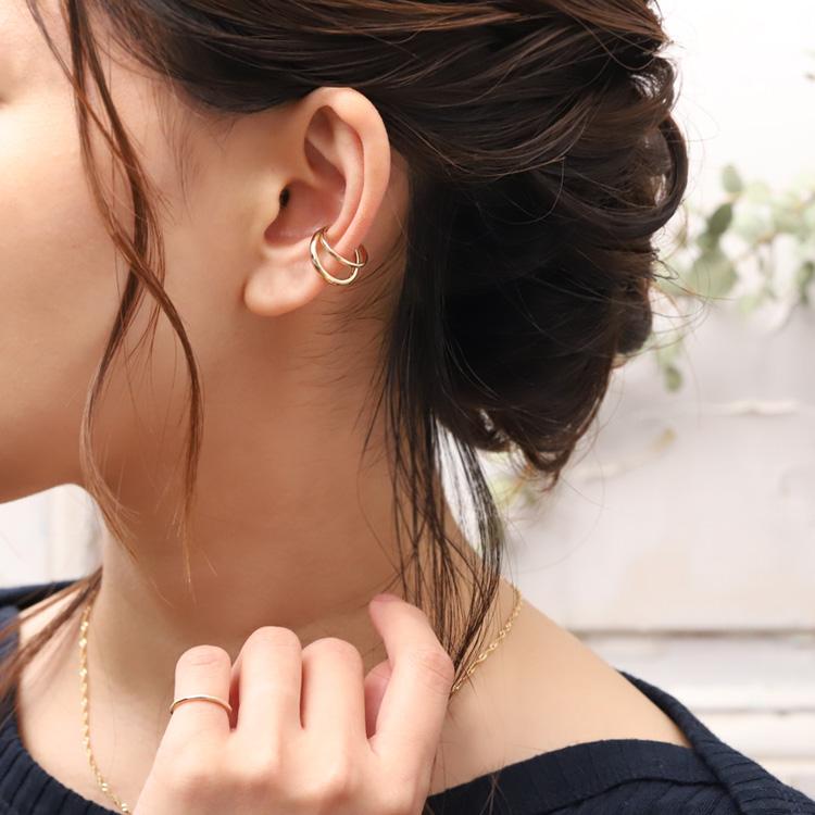 イヤーカフ 10金 イヤカフ k10 10k レディース ノンホール ピアス 2連 ダブル 重ね付け 10 金 ノンホールピアス シンプル ゴールド つけっぱなし 片耳 大ぶり | DEVAS | 02