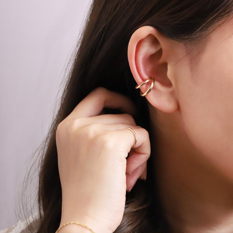 イヤーカフ 10金 イヤカフ k10 10k レディース ノンホール ピアス 2連 ダブル 重ね付け 10 金 ノンホールピアス シンプル ゴールド つけっぱなし 片耳 大ぶり | DEVAS | 03